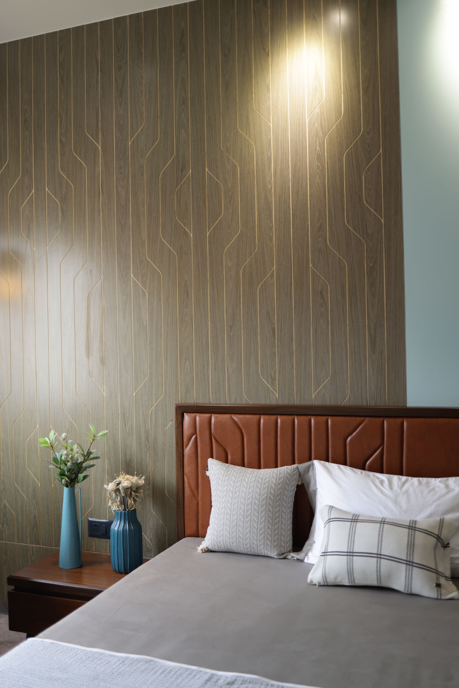 Geometric wallpaper detail in a finished interior