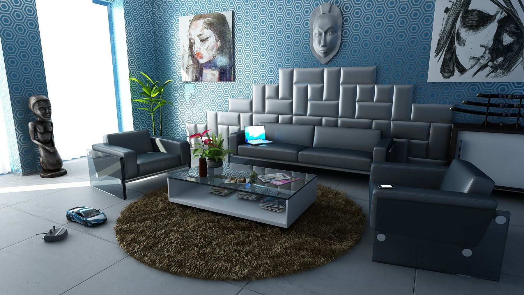 Bold wallcovering in a finished contemporary interior